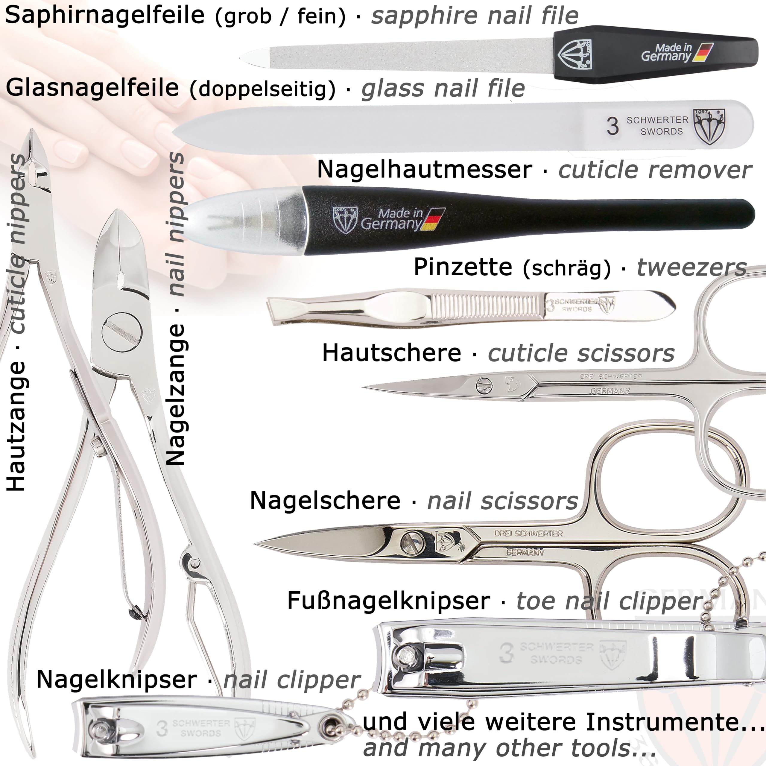 3 Swords Germany - brand quality 16 piece manicure pedicure grooming kit set for professional finger & toe nail care scissors clipper fashion leather case in gift box